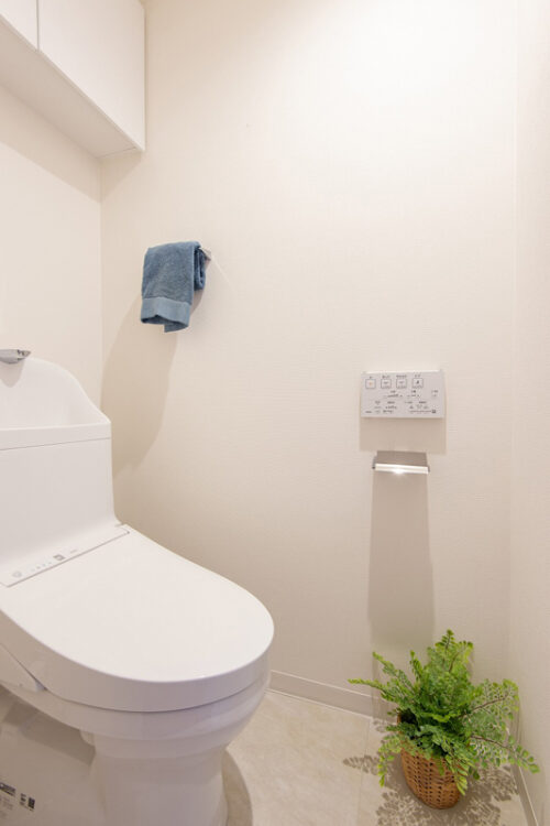 お掃除の手間を減らしてくれる機能が充実した、TOTO製洗浄便座付トイレです。季節のインテリアを飾って、自分だけの楽しみを。